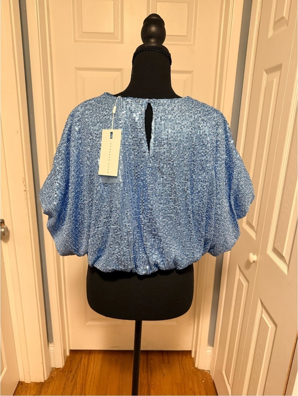 ENDLESS ROSE Voluminous Sequined Crop Top Blue Party Holiday NWT Small - Picture 3 of 5